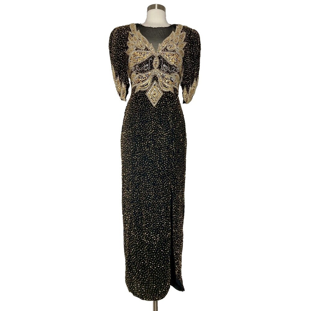 Vintage Cache' Dress Women Small 100% SILK Black Gold Hand Beaded Mesh Sheer Top
